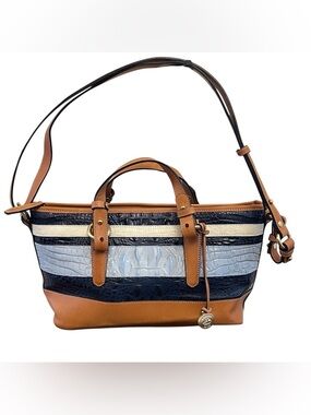 Brahmin Striped Leather Shoulder Bag in Tan, Navy & Light Blue